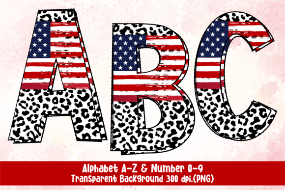 USA Flag Leopard Doodle Fonts and Number Graphics